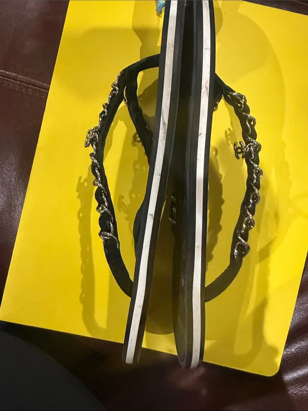 CHANEL Black Quilted Chain-Trim Thong Sandals